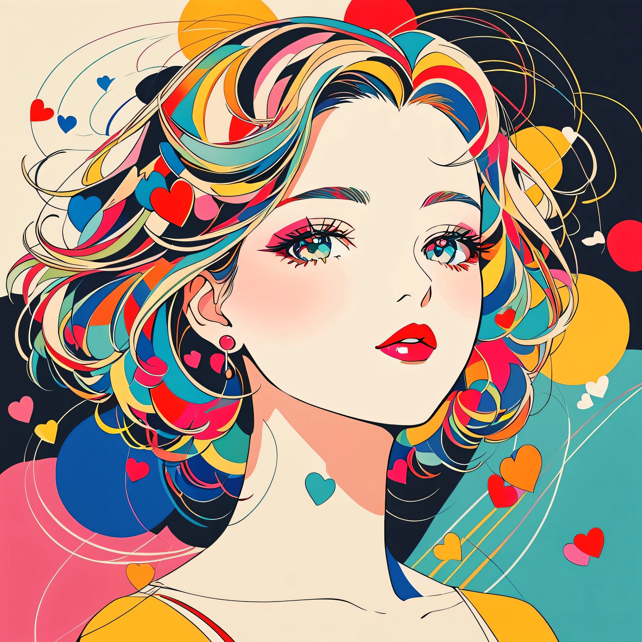 Vasily Kandinsky colorful style, Simple Line Initialism,Abstract art,Urban Background, (((The most beautiful girl of all time))), Sweet face. Lips in love, colorful hearts, stylish design, (((黒い瞳)))