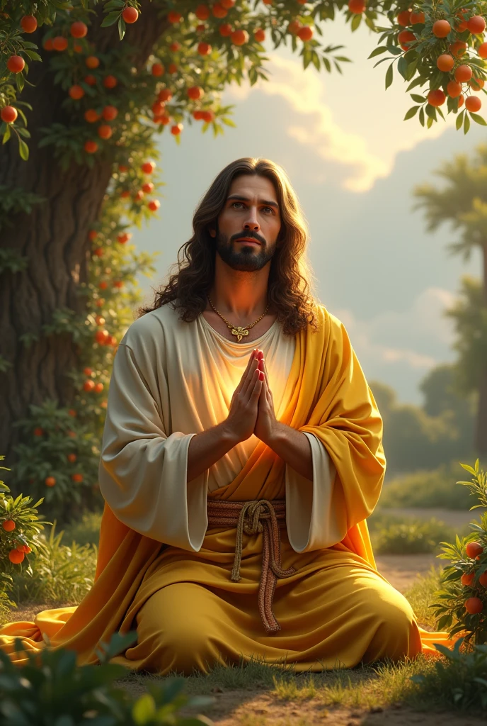 (photorealism:1.2), handsome Jesus Christ, praying kneel under the trees that full of clouds and sorrounded of many fruits, wearing yellow king clothes with light in his head and heart spreading all over, perfect five finger, Jesus Christ beautiful hair, outdoors, soft lighting, clouds in background, beautiful sunlight, perfect paradise and clouds, relaxed pose, realistic, intricate details, warm colors, 