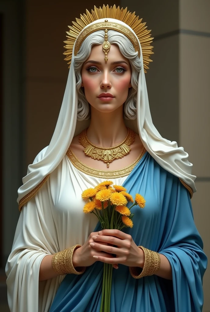 Arabian woman in white dress and blue cape holding golden flowers, greek goddess athena, golden goddess athena, goddess of greek mythology, old greek goddess, greek goddess, elderly greek goddess, goddess. Extremely high detail, 3 d goddess minerva, a stunning portrait of a goddess, athena goddess of wisdom, roman goddess, portrait of a beautiful goddess