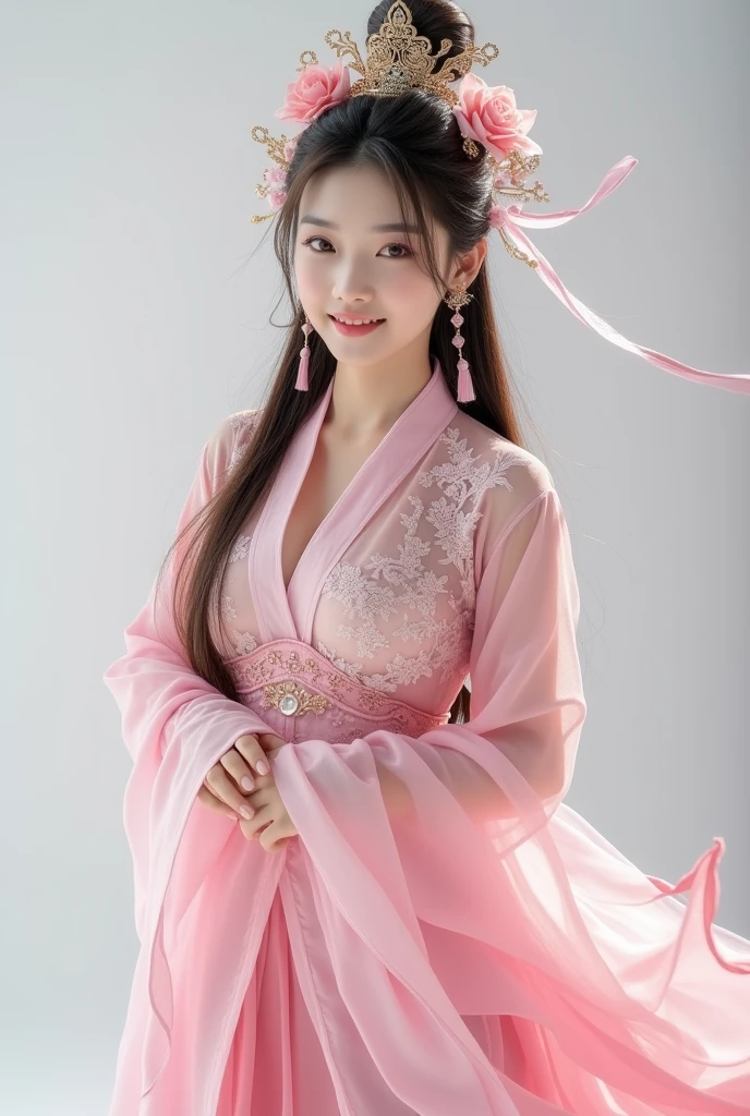 Photo of a attractive woman in a pink and white costume, genshin impact costume, transparent, thin fabric, layered, long sleeve, flowy, kimono, chinese_clothes, moderately large breasts, liu yifei, crown with accessories and flowers, hair stick, luxury, aristocracy, royalty, (delicate, gentle pose), pose for photo, (((beautiful eyes))), meticulous makeup, curled eyelashes, ((looking at viewer)), light smile, no background, professional photographer studio lighting, (cosplay character game), ((((((full body))))), (((wide angle))), three of kingdoms, the wind makes the hair fly, (((the brown hair is thick, long and fluttering))), ((photo-realistic skin with visible pores and blemishes)), masterpiece, best quality, 8k, (raw photo:1.2),((photorealistic:1.4)), ultra-detailed, highres, extremely detailed, film poster