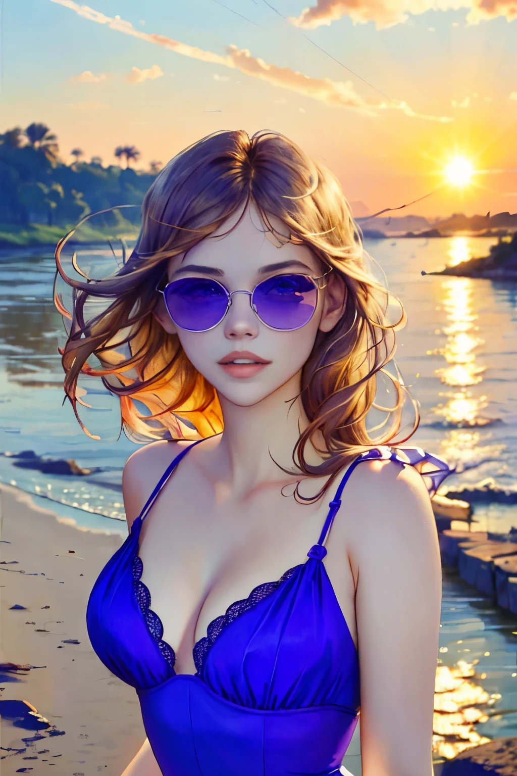 (masterpiece), best quality, expressive eyes, perfect face, a girl in the shore of a river, sunset, Bárbara Palvin, purple dress, sun glasses, smile,IrisCompiet