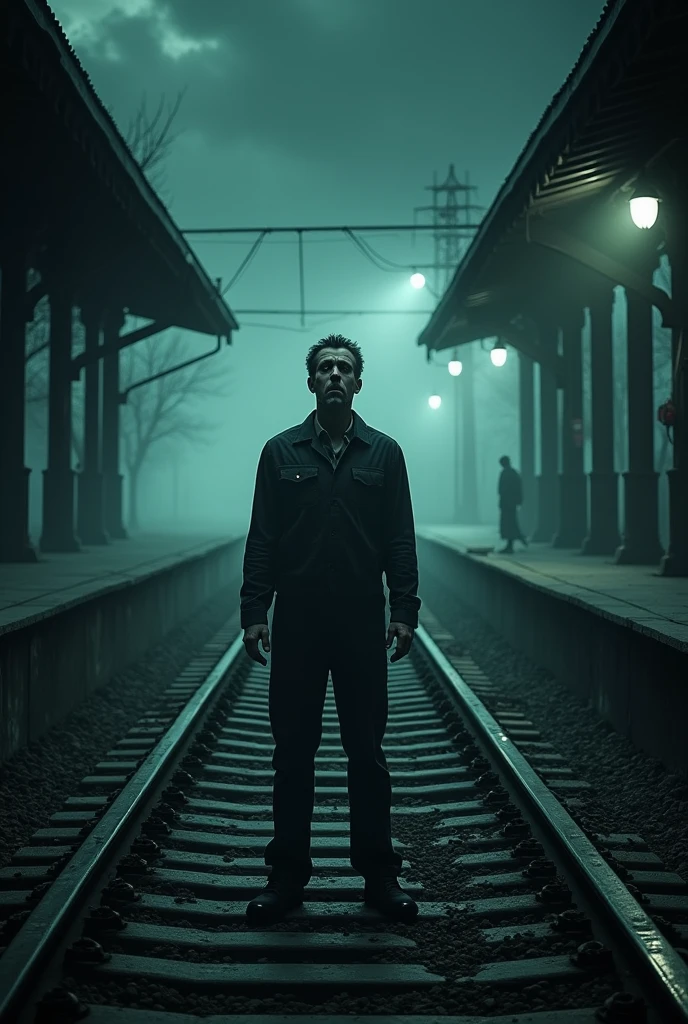 Give me a thumbnail of a scared lonely man standing at a haunted railway station.