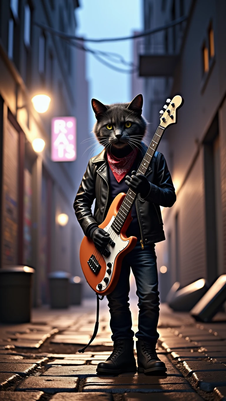 { "prompt": { "description": "A gritty, rebellious-looking alley cat is seen in silhouette with its back turned, holding a bass guitar. The scene is set in a dark, urban alley with graffiti-covered walls, trash cans, and neon signs spelling 'RATS'. The cat is partially cast in shadow, creating a moody and dramatic atmosphere. Steam rises from the alley vents, adding to the gritty ambiance. The video camera remains stationary while the steam moves, enhancing the sense of realism and atmosphere.", "camera_movement": "none", "environment": { "setting": "urban alley", "lighting": "dark, moody", "special_effects": "steam rising from alley vents" }, "character": { "name": "alley_cat", "appearance": "silhouette", "clothing": "leather jacket, bandana", "action": "holding bass guitar" }, "details": { "neon_sign_text": "RATS", "mood": "tough, street-smart" } } }