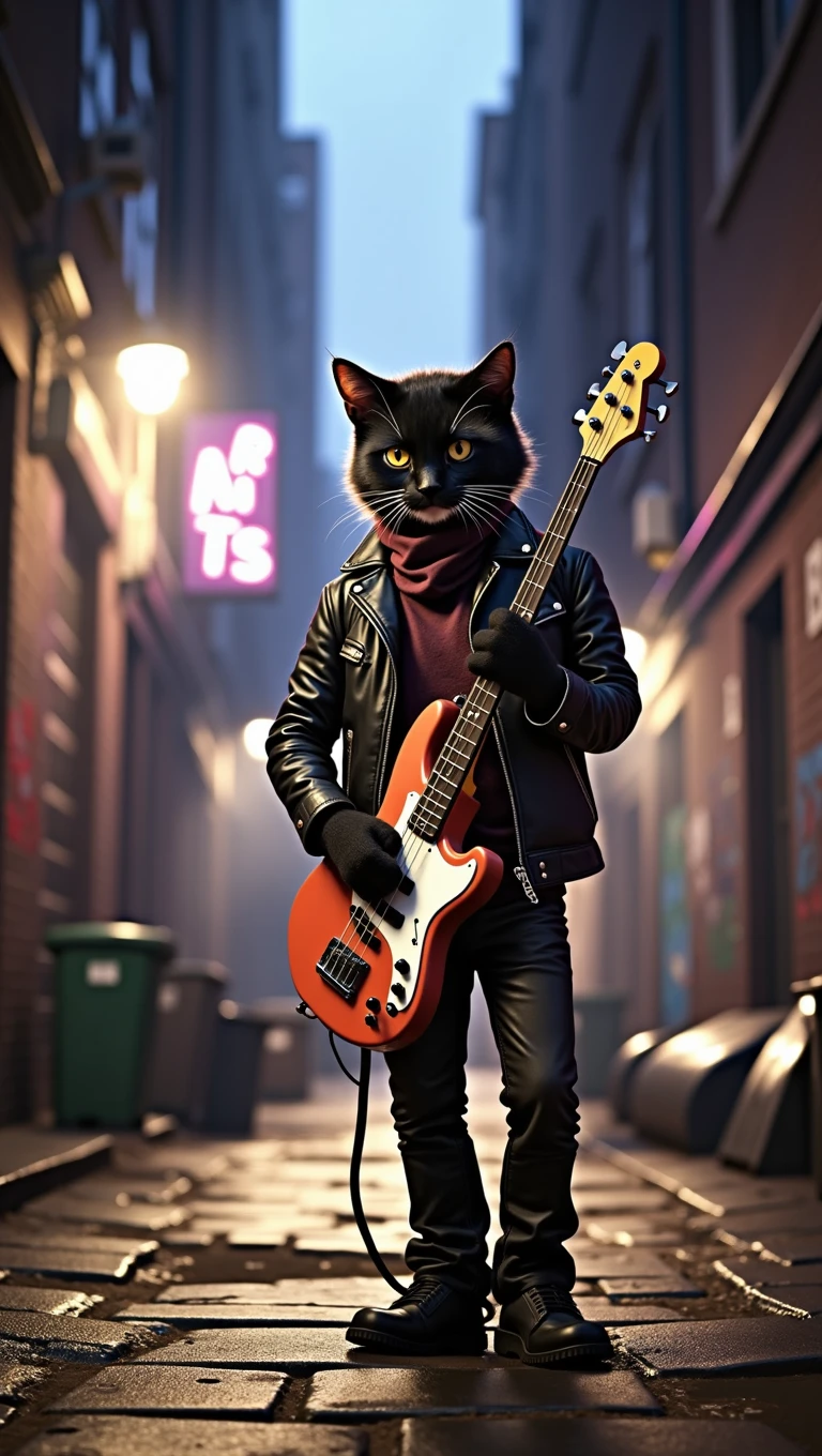 { "prompt": { "description": "A gritty, rebellious-looking alley cat is seen in silhouette with its back turned, holding a bass guitar. The scene is set in a dark, urban alley with graffiti-covered walls, trash cans, and neon signs spelling 'RATS'. The cat is partially cast in shadow, creating a moody and dramatic atmosphere. Steam rises from the alley vents, adding to the gritty ambiance. The video camera remains stationary while the steam moves, enhancing the sense of realism and atmosphere.", "camera_movement": "none", "environment": { "setting": "urban alley", "lighting": "dark, moody", "special_effects": "steam rising from alley vents" }, "character": { "name": "alley_cat", "appearance": "silhouette", "clothing": "leather jacket, bandana", "action": "holding bass guitar" }, "details": { "neon_sign_text": "RATS", "mood": "tough, street-smart" } } }