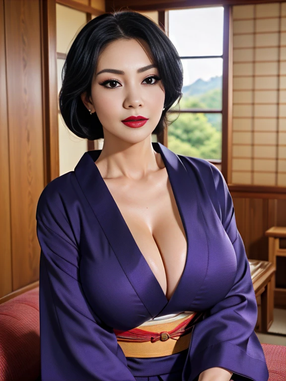 (masterpiece, Best quality, unified 8k wallpaper, high resolution), ambient light, 1 milf, alone, (极OK_fair_detailed hair face eyes nose mouth skin, thin and long:1.3), rest
 (night:1.7),  Before opening the window, Sit upright, Sitting on the sofa, purple_kimono,sash, shouji, shrine, Japanese_clothing, Black_hair, hair_OK, lipstick, comics, 30 years old, adult, Huge long saggy breasts, looking at the audience，cleavage，cleavage