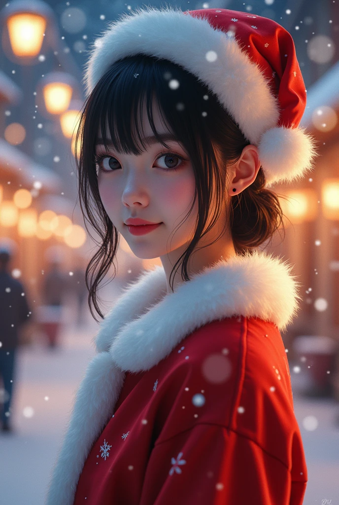 A 25 year old japanese girl, detailed cutie face,cutie smile, balanced detailed eyes, detailed droppy eyes, extremely detailed face, slender body, short hair, (Santa Claus costume:2.0), snowy night town, (best quality,4k,8k,highres,masterpiece:1.2),ultra-detailed,(realistic,photorealistic,photo-realistic:1.37),HDR,UHD,studio lighting,ultra-fine painting,sharp focus,physically-based rendering,extreme detail description,professional,vivid colors,bokeh,fantasy,magical,whimsical,soft lighting,warm colors,digital painting