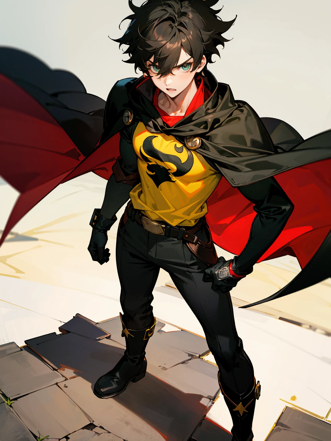 1male , Young Male , Red and Yellow T-Shirt with black fitted long sleeves under , Black Gloves, Green Boots , Robin Symbol on Shirt , Black and Cape , Black Hero mask , Messy Hair , Serious Expression , Standing on sidewalk