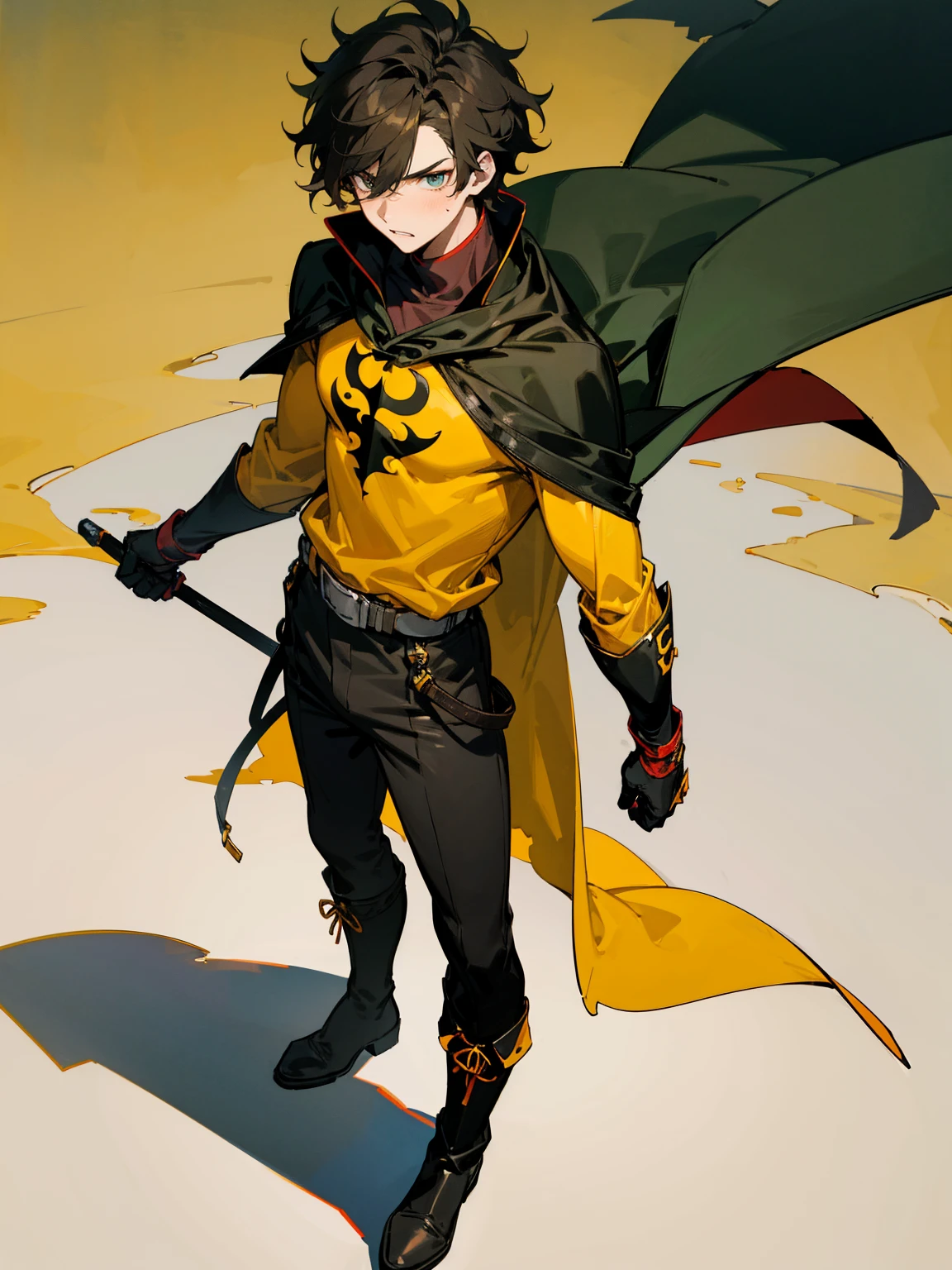 1male , Young Male , Red and Yellow T-Shirt with black fitted long sleeves under , Black Gloves, Green Boots , Robin Symbol on Shirt , Black and Cape , Black Hero mask , Messy Hair , Serious Expression , Standing on sidewalk