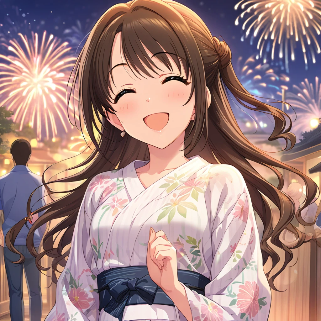 (masterpiece),(Highest quality),(Very detailed),(Best illustrations),(Best Shadow),(Absurd),(Detailed Background),(so beautiful),uzuki shimamura, casual, Brown Hair, Long Hair, close your eyes, night, firework, Outdoor, null, jewelry, Open your mouth ,smile, yukata
