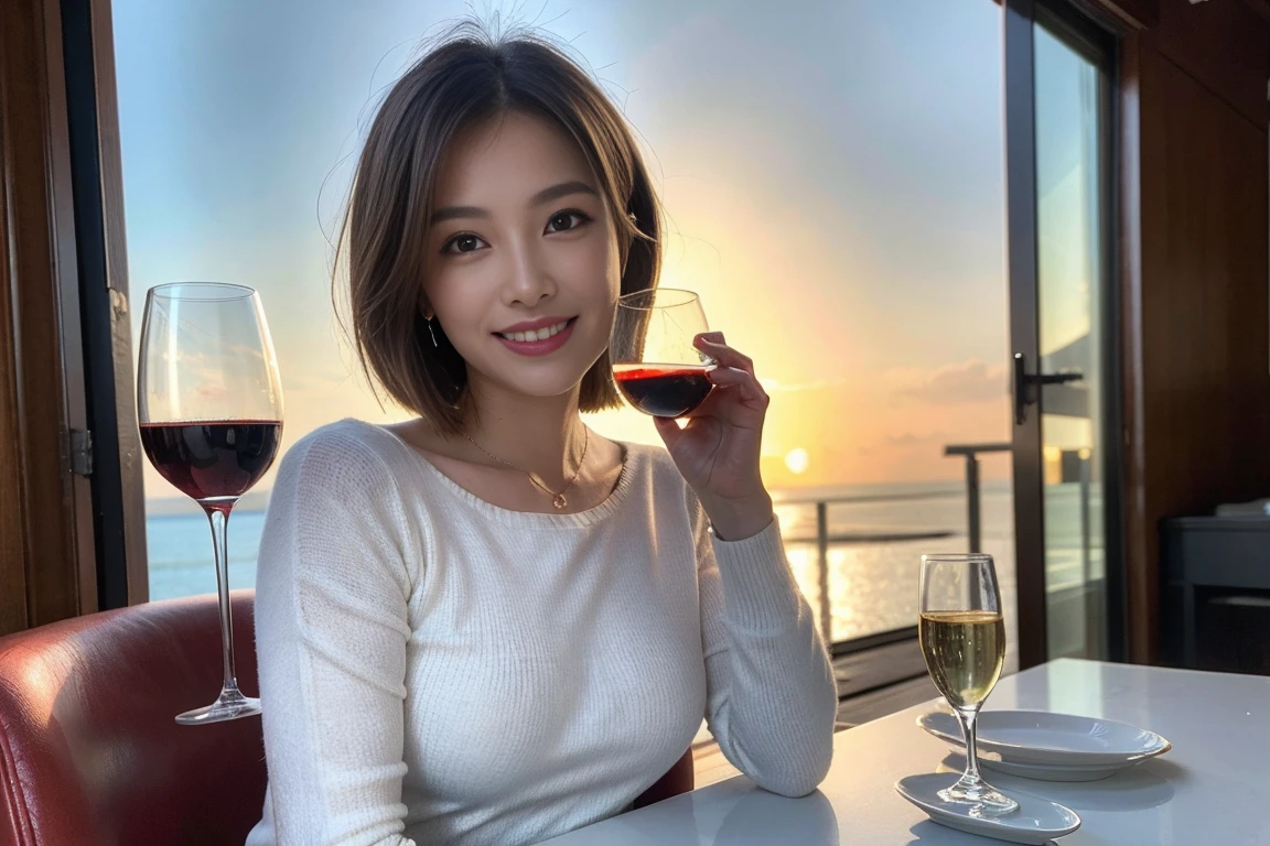 （Realistic:1.1）,(masterpiece,Highest quality)，8k,(49 years old), 53 years old, ベリーslimボディ、slimカップル、Tight waist,Upper Body,full-course dinner、wine 、Amazing view of the sunset sky and clouds、Perfect Anatomy, Brown Hair, short hair,Random Hairstyles,((Highly detailed face and eyes:1.2))，Perfect golden ratio face，Long sleeve shirt、dress,(smile:1.2)、Shortcuts、cute、(Realistic, Intricate details:1.2), A bright smile、short hair,Bright Face、赤wine 、Appetizers、Italian food、wine bottle、Champagne、スパークリングwine、(slimな顔), (The body is slim), (Brown Hair), (Shortcuts),  Upper Body, 白wine, slim, wineグラス, 