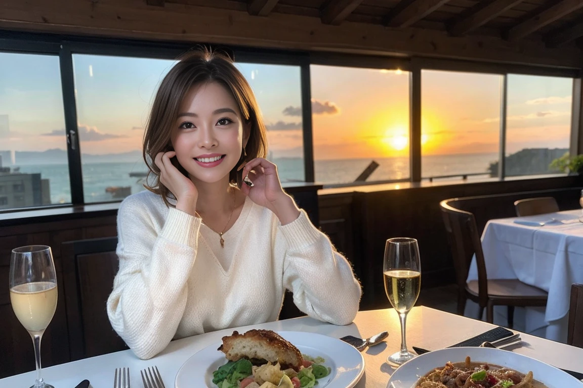 (Realistic:1.1),(masterpiece,Highest quality),8k,(49 years old), 53 years old, ベリーslimボディ、slimカップル、Tight waist,Upper Body,full-course dinner、wine 、Amazing view of the sunset sky and clouds、Perfect Anatomy, Brown Hair, short hair,Random Hairstyles,((Highly detailed face and eyes:1.2)),Perfect golden ratio face,Long sleeve shirt、dress,(smile:1.2)、Shortcuts、cute、(Realistic, Intricate details:1.2), A bright smile、short hair,Bright Face、赤wine 、Appetizers、Italian food、wine bottle、Champagne、スパークリングwine、(slimな顔), (The body is slim), (Brown Hair), (Shortcuts), Upper Body, 白wine, slim, wineグラス,