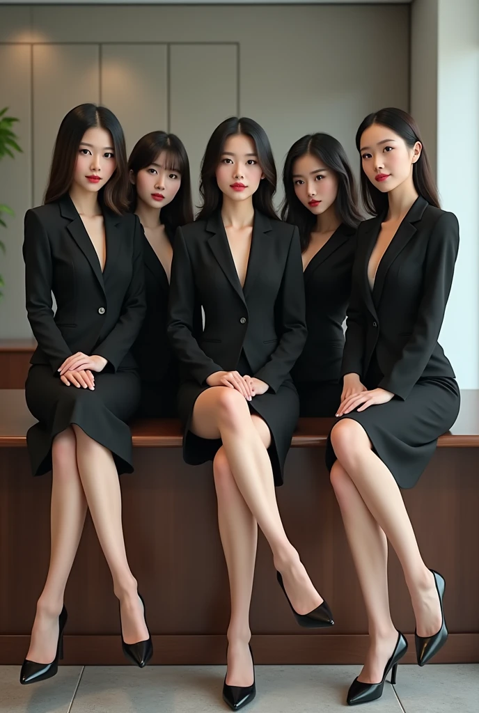 Beautiful women with long legs, secretary, recruitment suit, bare legs, tight skirt, all women with different faces, Korean and Japanese5People sitting