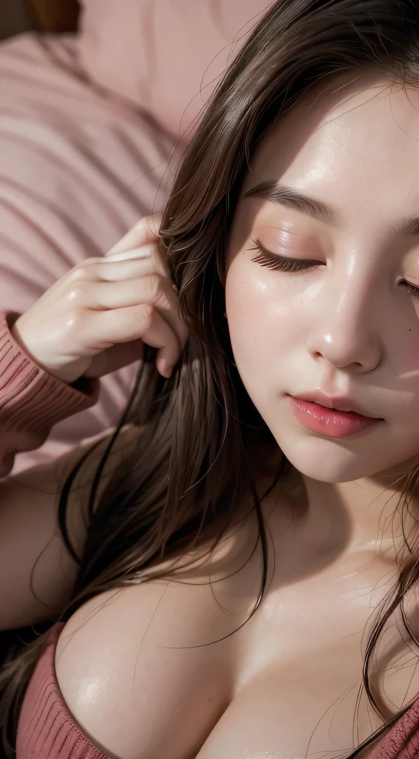 Amazing portrait of a woman who is 30 years old and an adult and a sexy woman with her eyes closed and her mouth open with a very deep blush and the tip of her nose is red having a long neck emphasised by her off shoulder pink sweater showcasing her medium chest with visible cleavage in her bedroom with warm lighting as she's lying on her bed with her head on the pillow facing up during night time with soft lighting showcasing her red lips and her beautiful face in detail and close up
