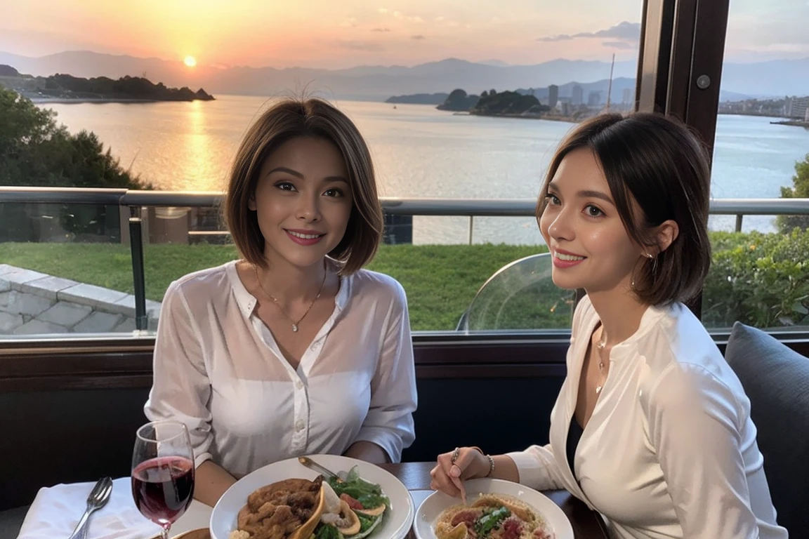 (Realistic:1.1),(masterpiece,Highest quality),8k,(49 years old), 53 years old, ベリーslimボディ、slimカップル、Tight waist,Upper Body,full-course dinner、wine 、Amazing view of the sunset sky and clouds、Perfect Anatomy, Brown Hair, short hair,Random Hairstyles,((Highly detailed face and eyes:1.2)),Perfect golden ratio face,Long sleeve shirt、dress,(smile:1.2)、Shortcuts、cute、(Realistic, Intricate details:1.2), A bright smile、short hair,Bright Face、赤wine 、Appetizers、Italian food、wine bottle、Champagne、スパークリングwine、(slimな顔), (The body is slim), (Brown Hair), (Shortcuts), Upper Body, 白wine, slim, wineグラス,
