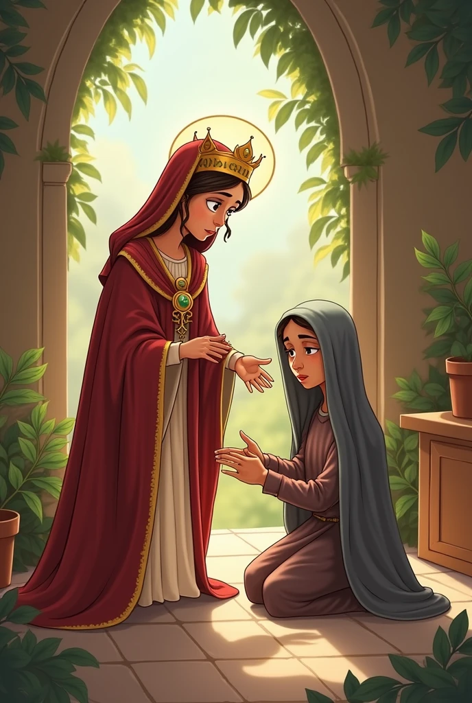 Cartoon of Princess Saint Elizabeth of Hungary helping a sad and unhappy person