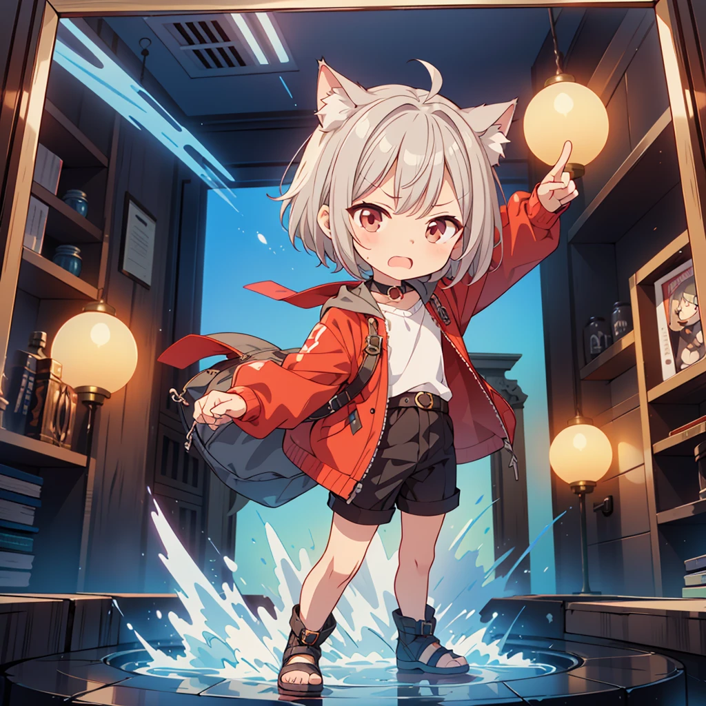 (chibi:1.3),(Get angry),Full body pointing,masterpiece, A world where magic and technology coexist, Cat Eared Man(Gray Hair, short hair) ,(boy),Hone your skills,Let's go on a journey to uncover the secrets of power., Beautiful Eyes,depicted in detail. The magician makes the most of the potential of his abilities.,We must learn how to unlock the true potential of modern magic,masterpiece, Cat Eared Man,Gray Hair, short hair),depicted in detail,