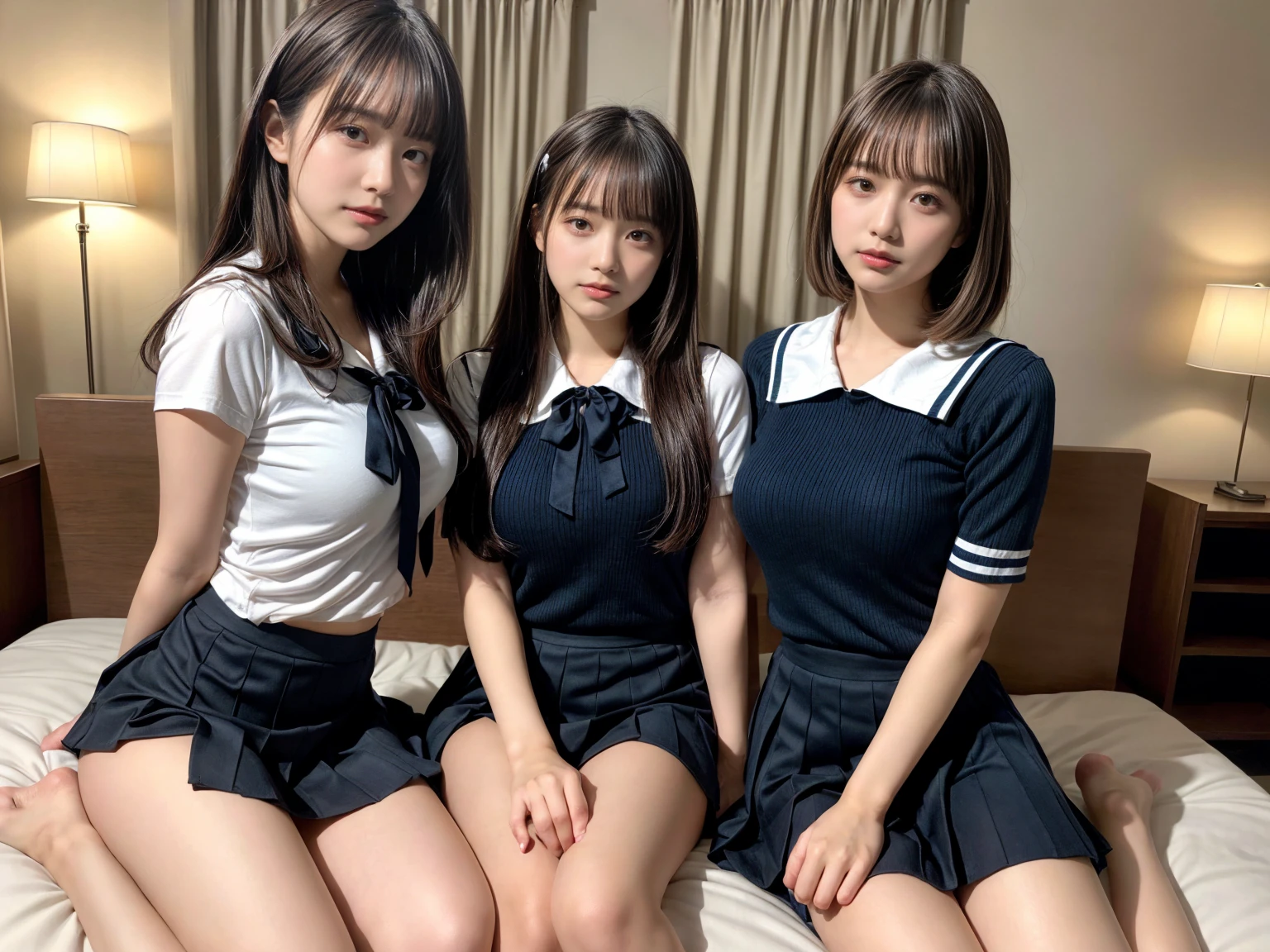 masterpiece, best quality, illustration, Super detailed, fine details, High resolution, 8K,wall paper, perfect dynamic composition,(Details High quality, realistic depiction of eyes:1.3), (3 girls), Black Sailor Uniform, serafuku, Navy pleated skirt, sitting, open legs, short bob hair, in a hotel room in the background, deep on field, large breasts, black hair color, Big Natural Color Lip, (perfect body shape), crying a little、Harajuku style、20 year old girl、cute type、beautiful legs, Gravure Idol