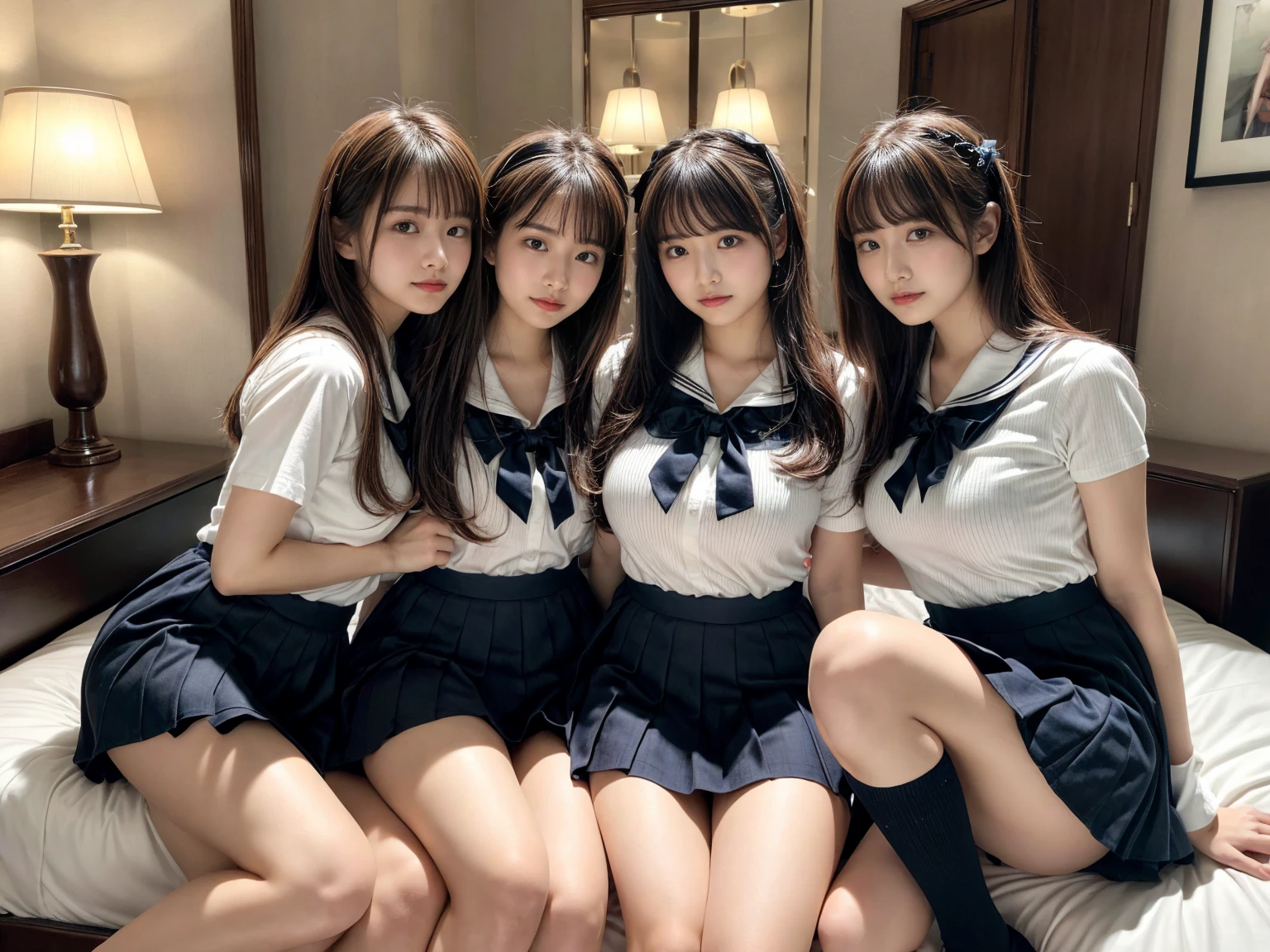 masterpiece, best quality, illustration, Super detailed, fine details, High resolution, 8K,wall paper, perfect dynamic composition,(Details High quality, realistic depiction of eyes:1.3), (3 girls), Black Sailor Uniform, serafuku, Navy pleated skirt, sitting, open legs, short bob hair, in a hotel room in the background, deep on field, large breasts, black hair color, Big Natural Color Lip, (perfect body shape), crying a little、Harajuku style、20 year old girl、cute type、beautiful legs, Gravure Idol