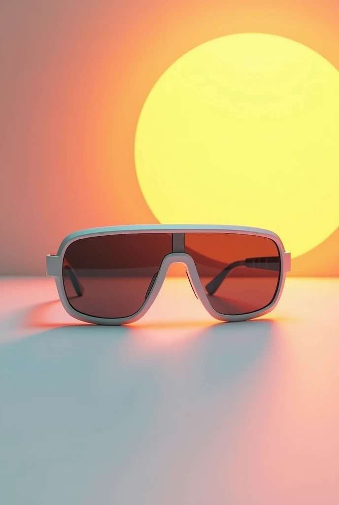 Sunglasses frame with individual click-in sun lenses and a sun in the top right background
