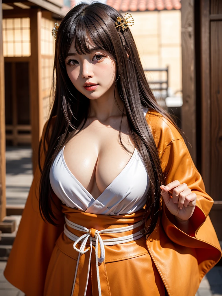 ( bangs, blunt bangs, brown hair, floating hair, big hair, Depth of written boundary, f/4.0, 135mm, Nikon, uhd, masterpiece, Textured skin, Super detailed,4K,Wide-area lighting),(Beautiful woman: 1.4、Very white skin、Fine grain、 double eyelid)、(((hair ornaments、Orange leather armor that exposes a lot of skin、Bust Shot、Rin々Funny face、Sengoku period、Japanese-style building、Cool pose、Show from head to chest)))