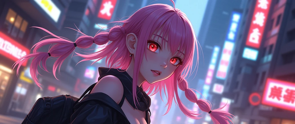 anime character Inori Yuzuriha, cyberpunk landscape of Hanoi city