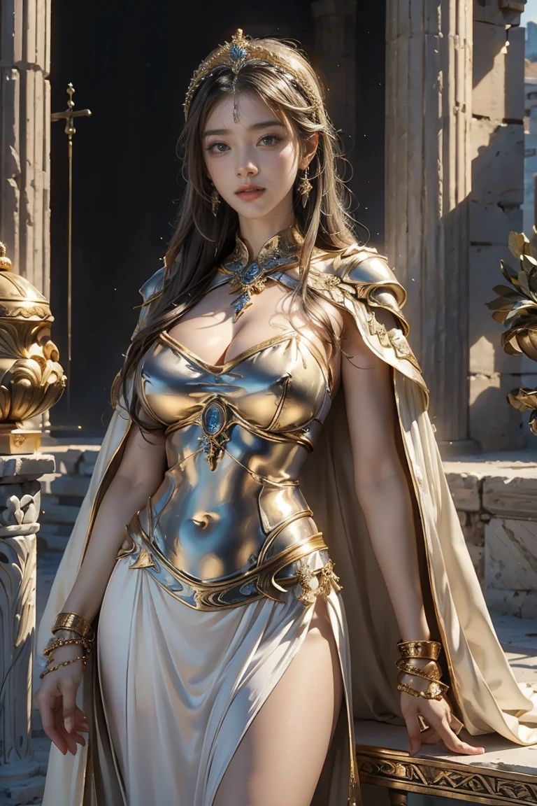 Arabian woman in white dress and blue cape holding golden flowers, greek goddess athena, golden goddess athena, goddess of greek mythology, old greek goddess, greek goddess, elderly greek goddess, goddess. Extremely high detail, 3 d goddess minerva, a stunning portrait of a goddess, athena goddess of wisdom, roman goddess, portrait of a beautiful goddess