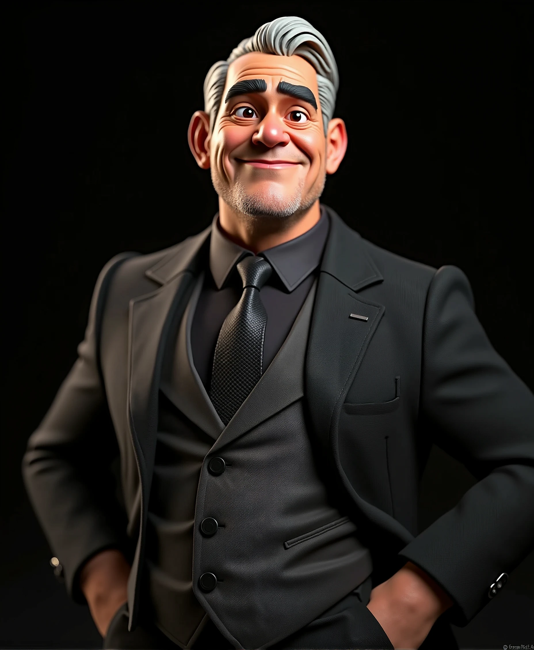 一个男人的Cartoon Characters, 40 years old, Black curved eyebrows, White hair, Black eyes, Stubble, Black suit, Medium bulge, Stylized characters, Animation style rendering, Stylized 3D, Arnold Maya Rendering, Cartoon shading, 3d characters, 3d characters rendering, Cartoon Characters, Close-up characters, (Pixar style) (Main Part: 1.2) (Bokeh) (best quality) (Delicate skin) (Detailed texture) (8K) (Clay) (illumination) (Clear focus)