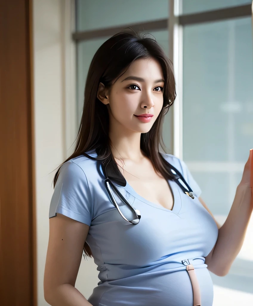 (best quality,8k,masterpiece:1.2),ultra-detailed,(realistic:1.37),A beautiful doctor girl,sexy doctor,hot doctor,sexy pose,hospital,doctor dress,intricate details,highly detailed,sharp focus,vivid colors,professional,hospital setting,modern medical equipment,medical instruments,medical environment,indoor scene,high-tech atmosphere,confident expression,proud stance,attractive appearance,pleasing aesthetics,charming smile,alluring eyes,beautiful lips,graceful figure,distinguished presence,impressive posture,intelligent look,long hair,stylish hairstyle,sophisticated makeup,exquisite jewelry,stethoscope,writing pad,pen,medical charts,patient's information,computer monitor,reflections,glowing lighting,soft shadows,calm ambiance, big pregnant belly, pregnant 40 weeks, huge breasts.