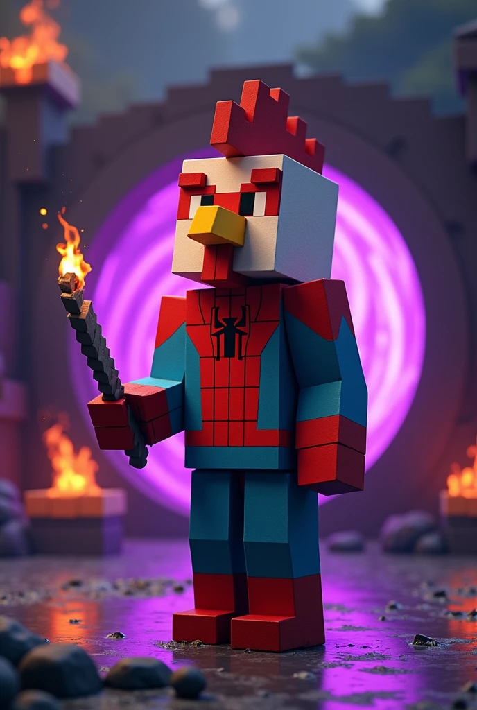 MINECRAFT CHICKEN HEAD MAN WITH SPIDERMAN DRESS GOING TO NEATHER IN MINECRAFT BY NEATHER PORTAL AND HE HAS FLINT AND STEEL ON HIS HAND IN MINECRAFT