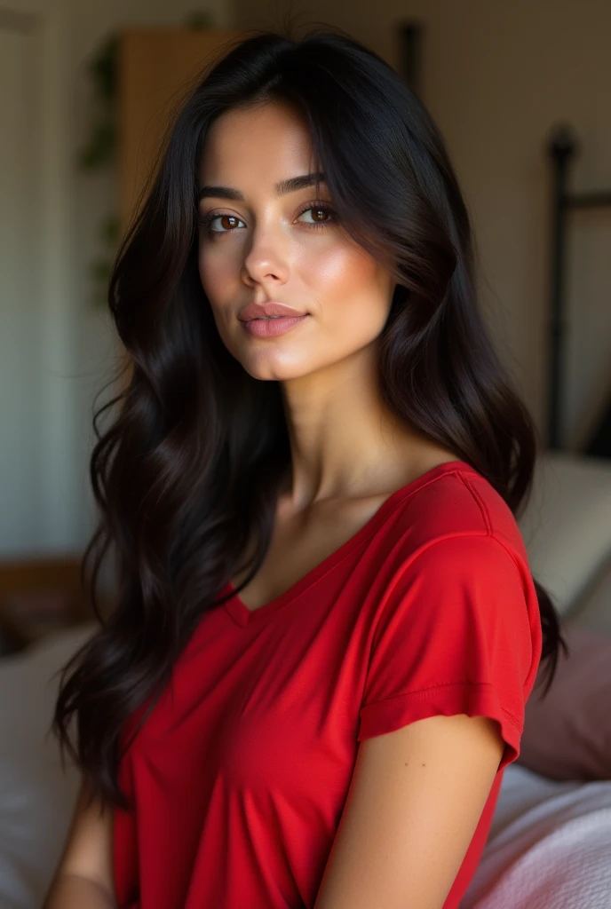 beautiful woman red t shirt at home