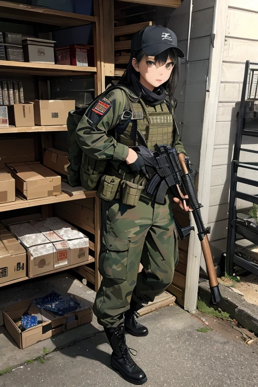 Realistic、Realistic skin texture、アメリカ軍所属の美しいJapanese womenが立っている、Automatic rifle、Box in military warehouse、Automatic rifle、Firearms, etc.. is lined up、Military Box、Bulletproof vest、Afghanistan stole、Baseball cap、Backpack、Heavy machinery、tattoo、boots、Staring ahead with a stern expression、、Dynamic action pose、Japanese women