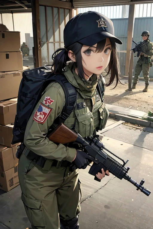 Realistic、Realistic skin texture、アメリカ軍所属の美しいJapanese womenが立っている、Automatic rifle、Box in military warehouse、Automatic rifle、Firearms, etc.. is lined up、Military Box、Bulletproof vest、Afghanistan stole、Baseball cap、Backpack、Heavy machinery、tattoo、boots、Staring ahead with a stern expression、、Dynamic action pose、Japanese women