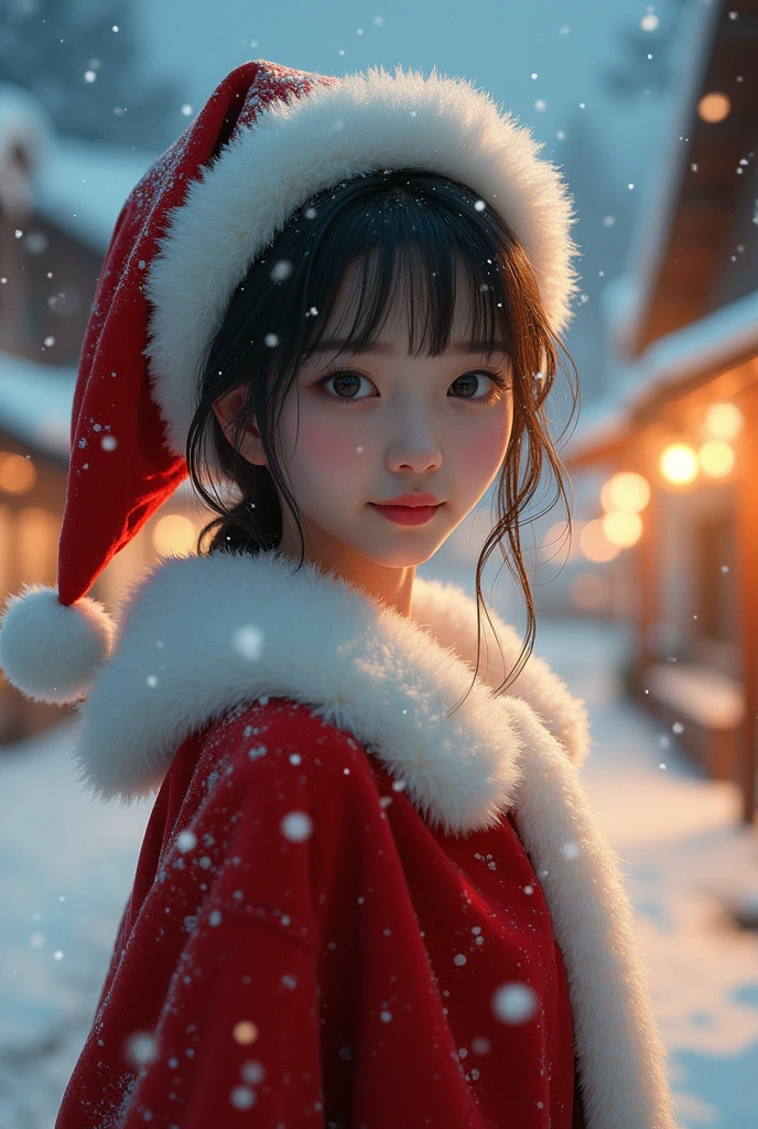 A 25 year old japanese girl, detailed cutie face,cutie smile, balanced detailed eyes, detailed droppy eyes, extremely detailed face, slender body, short hair, (Santa Claus costume:2.0), snowy night town, (best quality,4k,8k,highres,masterpiece:1.2),ultra-detailed,(realistic,photorealistic,photo-realistic:1.75),HDR,UHD,studio lighting,ultra-fine painting,sharp focus,physically-based rendering,extreme detail description,professional,vivid colors,bokeh,fantasy,magical,whimsical,soft lighting,warm colors,digital painting