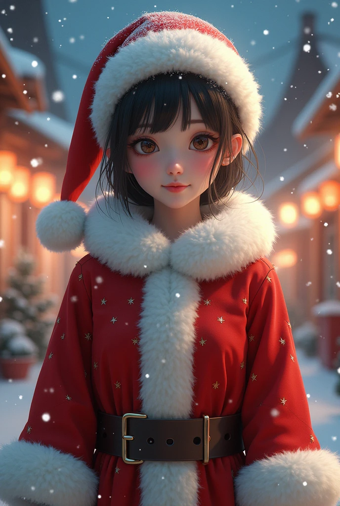 A 25 year old japanese girl, detailed cutie face,cutie smile, balanced detailed eyes, detailed droppy eyes, extremely detailed face, slender body, short hair, (Santa Claus costume:2.0), snowy night town, (best quality,4k,8k,highres,masterpiece:1.2),ultra-detailed,(realistic,photorealistic,photo-realistic:1.75),HDR,UHD,studio lighting,ultra-fine painting,sharp focus,physically-based rendering,extreme detail description,professional,vivid colors,bokeh,fantasy,magical,whimsical,soft lighting,warm colors,digital painting