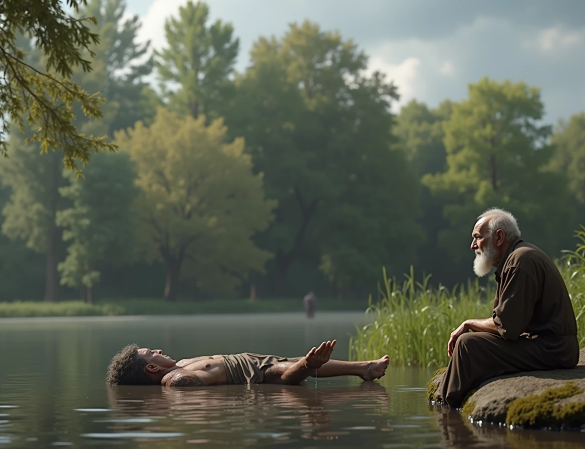 A photorealistic image of a wise old man sitting on a stone near the bank of a river. The old man sees a floating human dead body, passing in the river. Human dead body floating belly down, head underwater. A human body floating face down in a river. Half-submerged lens reveals his ultra-slim deformed by water figure in a grey loose dress. Masterpiece, best quality, 8K, photo realistic, wallpaper, wallpaper 8k, photographic contest winner, Hyperrealistic art cinematic film still photography in the style of detailed hyperrealism photoshoot. [Entire scene is surrounded by lights, evoking a magical and eerie atmosphere. The lighting is bright and atmospheric, with smoke adding a touch of sinister ambiance. Best quality image, HDR enhancement, showcasing the utmost level of detail and realism]. [8K, Best Quality, Ultra High Resolution, (highly detailed CG unity 8k wallpaper), (best photo), (best shadows), isometric 3D, octane rendering, ray tracing, highly detailed, (Best quality, 4K, 8k:1.2), absurdity, ultra detailed, (realistic, photorealistic, photorealistic:1.37), complex parts, HDR, (complex parts:1.12), (hyper detailed, hyper realistic, Soft lighting, spicy:1.2), (complex parts, Hyper detailed:1.15). Blurred foreground. (backlit), masterpiece, high quality, brightness, chromatic aberration, foggy smoke, shadows, contrast, clear sky, (warm hue, warm tone), high details, natural reflections].