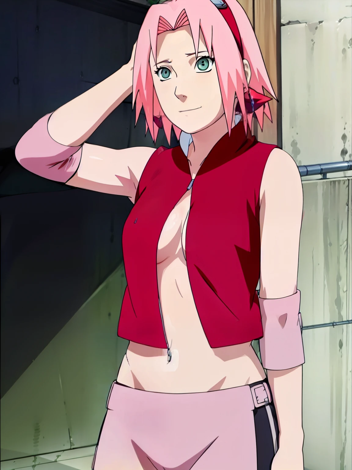 Sakura Haruno showing visible armpit open blouse open zipper ripped blouse open shirt ripped shirt showing chest visible breasts and sexy belly visible.