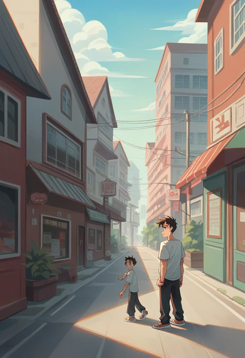 Sunny at noon, (boy 1.5) A boy is on the side of the street, the street is the background, the man is wearing a white T-shirt, the background is outdoors, the expression is particularly happy, the expression of excitement, the euphoria is a close-up, the lens mainly features the upper body, in the Loepfe art style ((Xinhai City), popular in CGStation, Shin Hai Cheng H 2160, inspired by Bian Shoumin, Xinhai Cheng, Kavasi, Guwitz style, high quality, 4K, 8K, resolution, -auto-s2