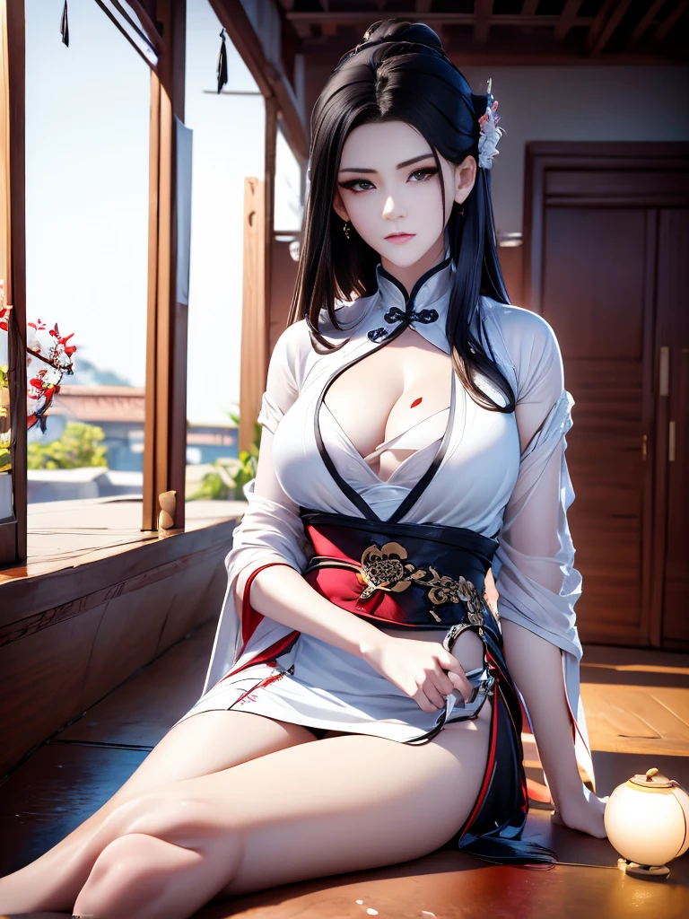 a woman with dark skin wearing a red and white hanfu dress, sitting in a classical Chinese interior room, long white hair with a golden hairpin, flower tattoo arm, (best quality,4k,8k,highres,masterpiece:1.2),ultra-detailed,(realistic,photorealistic,photo-realistic:1.37),intricate details,cinematic lighting,muted colors,elegant,traditional chinese architecture,classical chinese painting