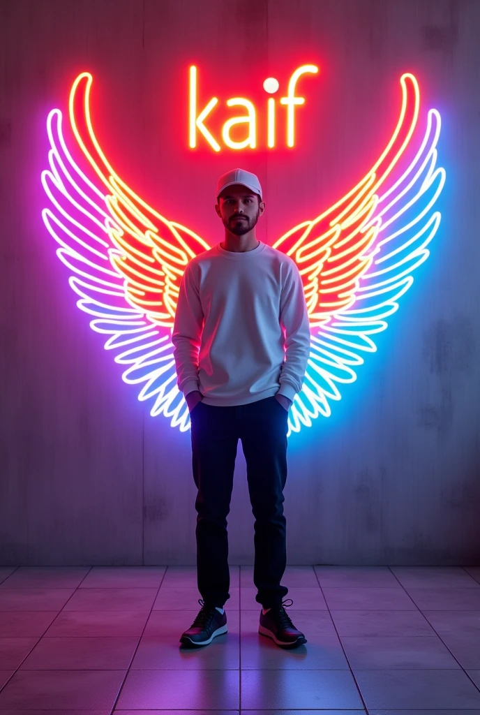 - In this striking and futuristic scene, a mysterious individual stands confidently in front of a mesmerizing neon wall. The individual’s casual attire – a white sweater, white cap, black pants, and black shoes – contrasts with the vibrant neon wings in indian flag color, symmetrically placed on either side of the figure. The bold red neon quote “KAIF” adds an inspiring touch to the composition. The floor, made of tiles, reflects the grayish hue of the wall