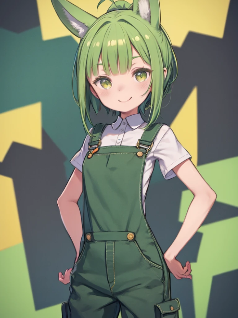 One Girl、Zundamon、Green Hair、Green droopy rabbit ears、Lop Ear、 low ponytail 、Golden Eyes、short hair、Overalls、Shorts、White short sleeve shirt、smile、Put your hands on your hips、smug face、