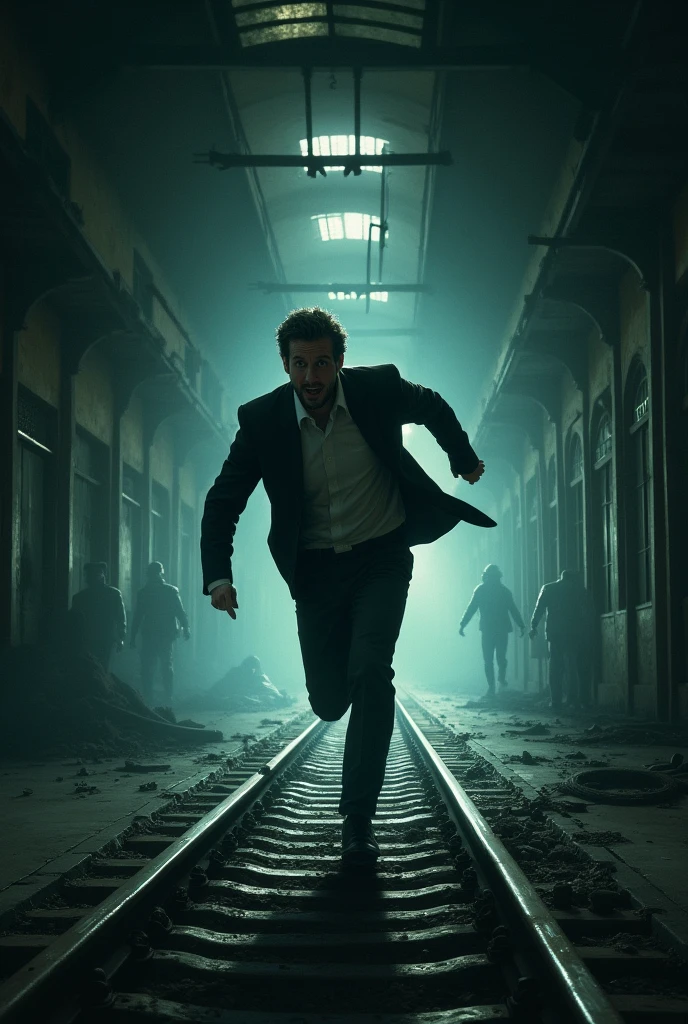 Give me a thumbnail of a scared lonely runing man at a haunted railway station.