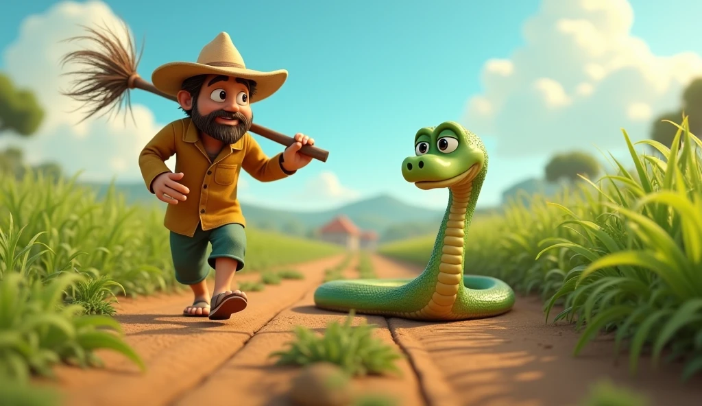 In cinematic 3D cartoon Style. Ramü and the Snake Become Friends: The snake, now fully recovered, is shown following Ramü around his farm. Ramü walks with a plow over his shoulder, and the snake slithers close by, symbolizing their growing bond. The farmland is fertile, with crops and the distant village in the background.