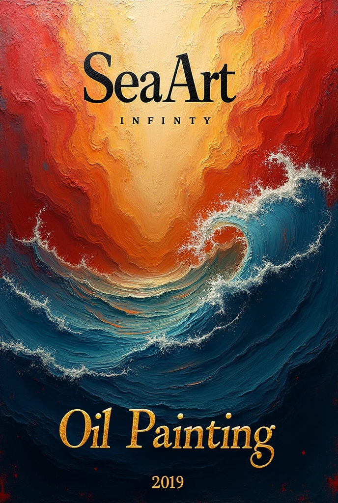 Design a rich, textured poster for "SeaArt Infinity" with the title in an elegant, classic font at the top. The background should resemble an oil painting, with thick brushstrokes, rich colors, and a sense of depth and texture. Below the title, include the word "Oil Painting" in a refined, artistic font. Use a color palette that mimics traditional oil paints, with deep, saturated hues like red, blue, and gold to create a timeless, artistic feel.