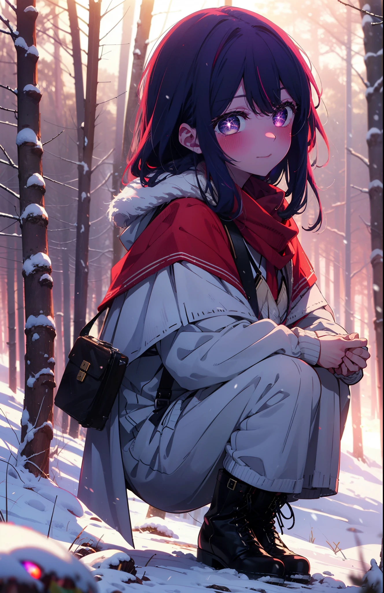 aihoshino, Ai Hoshino, Long Hair, bangs, (Purple eyes:1.1), Purple Hair, (Symbol-shaped pupil:1.5), smile,,smile,blush,white breath,
Open your mouth,snow,Ground bonfire, Outdoor, boots, snowing, From the side, wood, suitcase, Cape, Blurred, , forest, White handbag, nature,  Squat, Mouth closed, Cape, winter, Written boundary depth, Black shoes, red Cape break looking at viewer, Upper Body, whole body, break Outdoor, forest, nature, break (masterpiece:1.2), Highest quality, High resolution, unity 8k wallpaper, (shape:0.8), (Beautiful and beautiful eyes:1.6), Highly detailed face, Perfect lighting, Highly detailed CG, (Perfect hands, Perfect Anatomy),