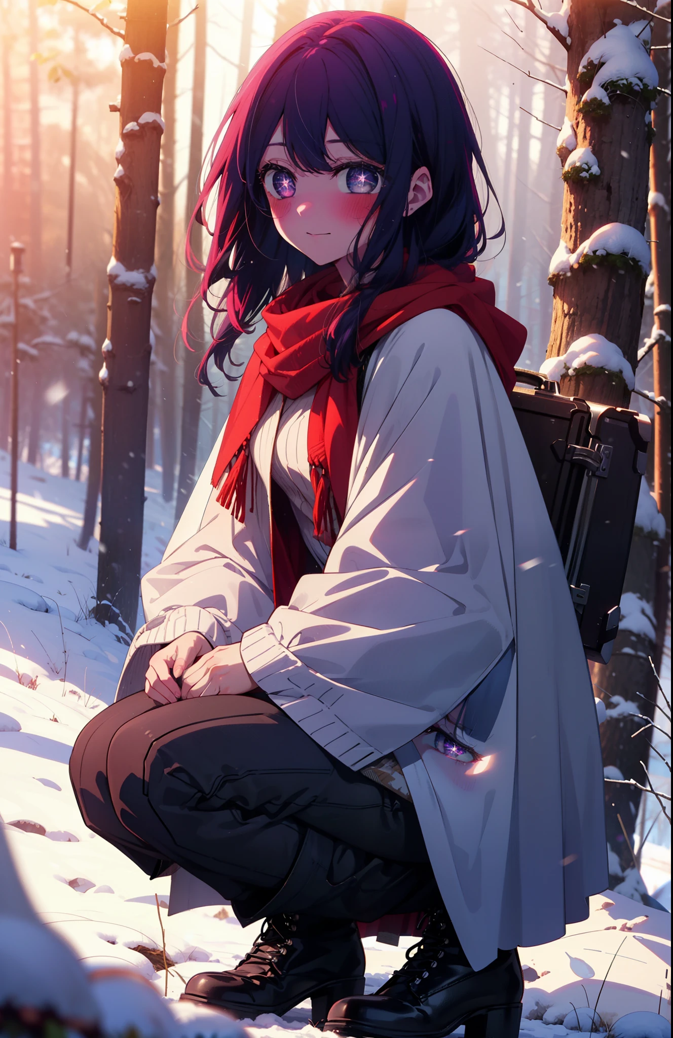 aihoshino, Ai Hoshino, Long Hair, bangs, (Purple eyes:1.1), Purple Hair, (Symbol-shaped pupil:1.5), smile,,smile,blush,white breath,
Open your mouth,snow,Ground bonfire, Outdoor, boots, snowing, From the side, wood, suitcase, Cape, Blurred, , forest, White handbag, nature, Squat, Mouth closed, Cape, winter, Written boundary depth, Black shoes, red Cape break looking at viewer, Upper Body, whole body, break Outdoor, forest, nature, break (masterpiece:1.2), Highest quality, High resolution, unity 8k wallpaper, (shape:0.8), (Beautiful and beautiful eyes:1.6), Highly detailed face, Perfect lighting, Highly detailed CG, (Perfect hands, Perfect Anatomy),