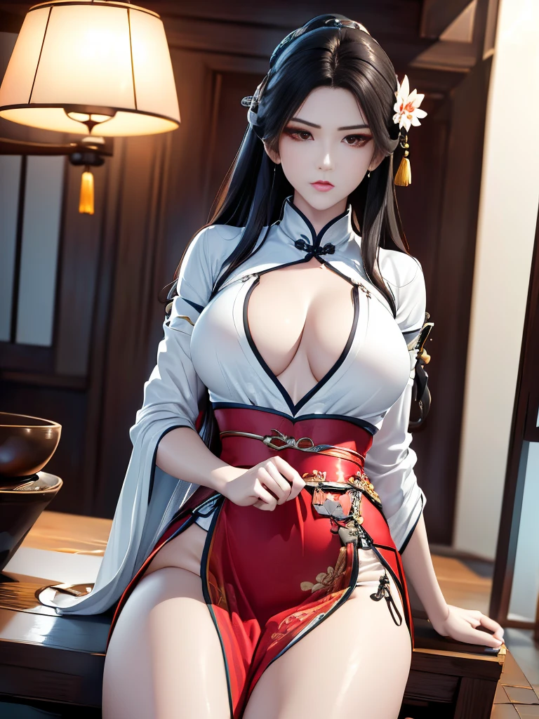 a woman with dark skin wearing a red and white hanfu dress, sitting in a classical Chinese interior room, long white hair with a golden hairpin, flower tattoo arm, (best quality,4k,8k,highres,masterpiece:1.2),ultra-detailed,(realistic,photorealistic,photo-realistic:1.37),intricate details,cinematic lighting,muted colors,elegant,traditional chinese architecture,classical chinese painting