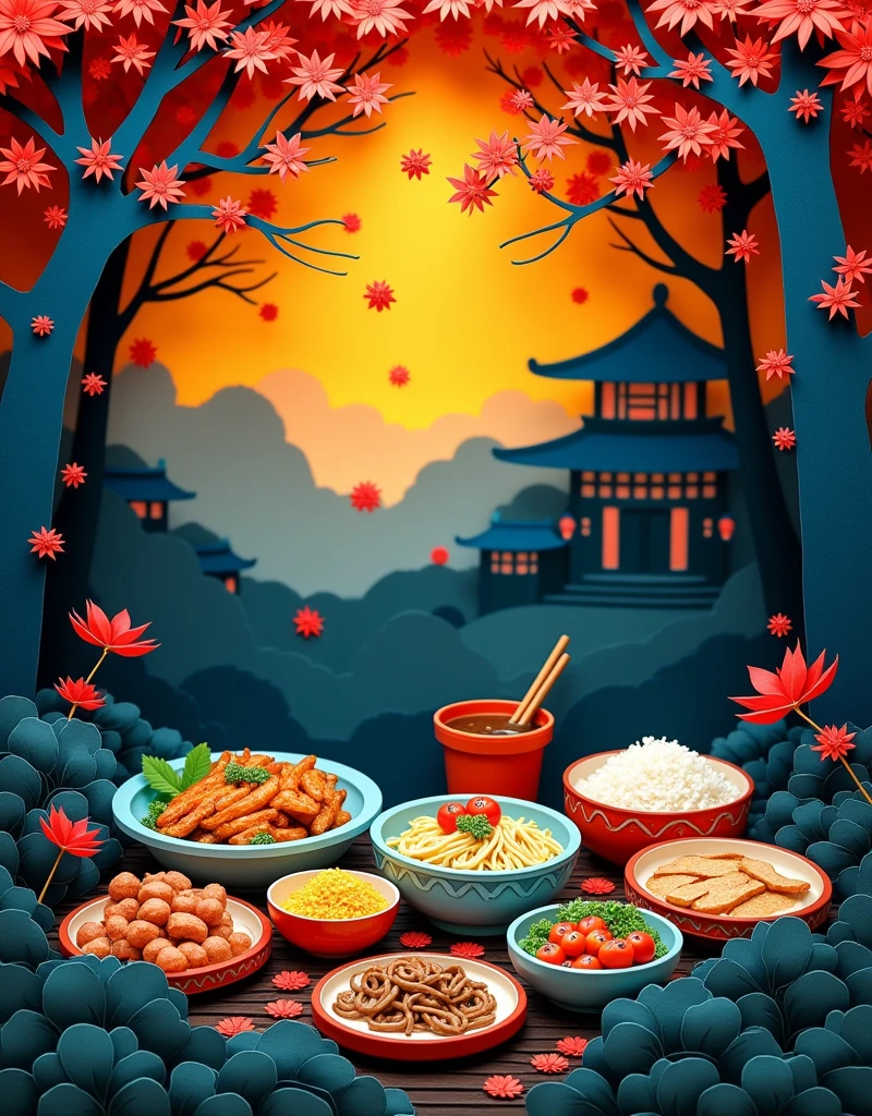 3D Paper cut art, super detailed, kirigami, a paper cut demonstrates some chinese food dishes including vegetable and meet and noodle and rice, in the background are trees and the silhouette of an ancient chinese house, dark background, mystery atmosphere, deep blue and yellow background, no red, no flower, only leaves falling down