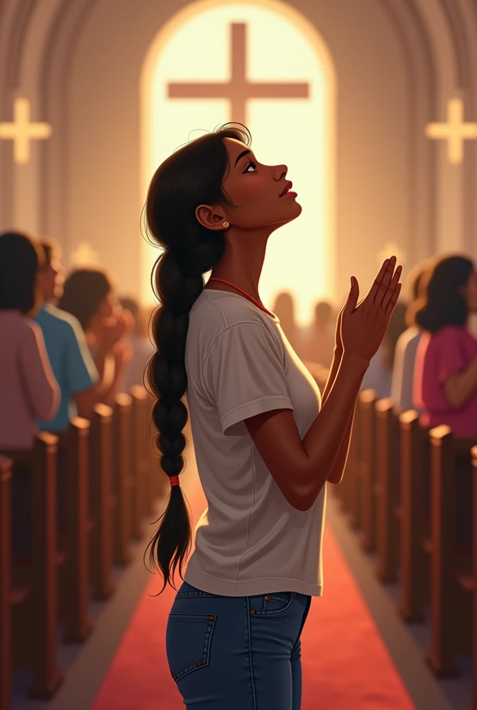 A beautiful charming young indian girl wearing t-shirt and jeans with long thick and black single braided hair on her shoulder towards the breast and reaching her waist with her hands praising the lord God in church standing alone away from the crowd and glorifying God with her innocence.