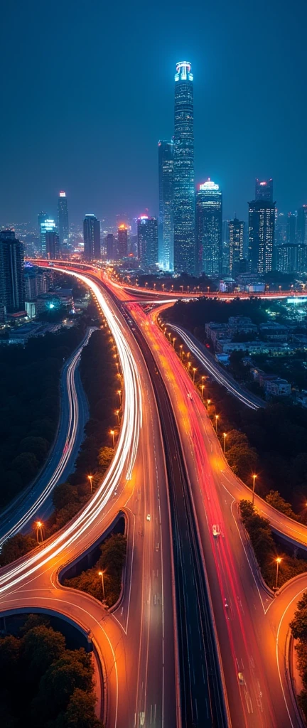 (light trail photography:2.0),Qingdao,Skyscraper,Metropolitan Expressway,(Highway intersection:2.0),night,Aircraft shooting from the air,Beautiful afterimage of light,masterpiece,best quality,Ultra-high resolution,Very detailed,8K,Practical,Best aesthetics