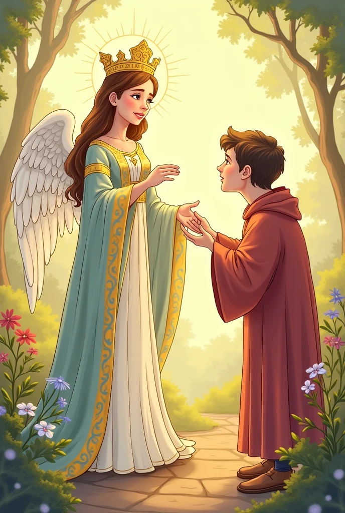 Cartoon of Princess Saint Elizabeth of Hungary helping a sad and unhappy person

